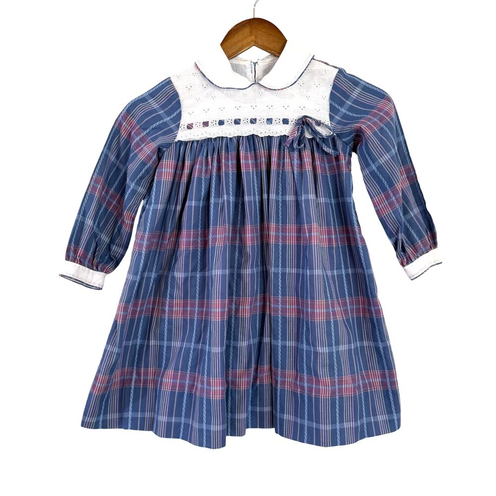Vintage 90s Jayne Copeland Girls Plaid Dress Size 6 Eyelet Collar Blue Pink